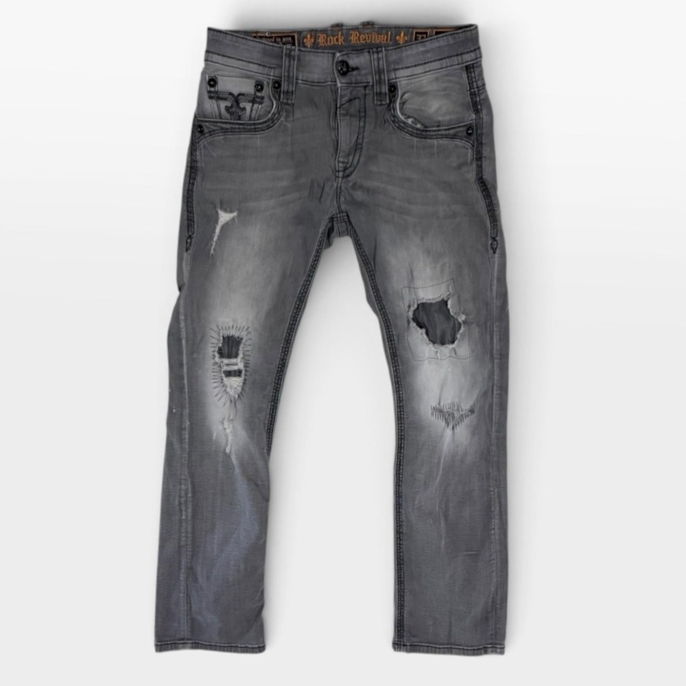 Rock Revival Odis Straight Jeans Mens 32x32 Distressed Embroidered Gray